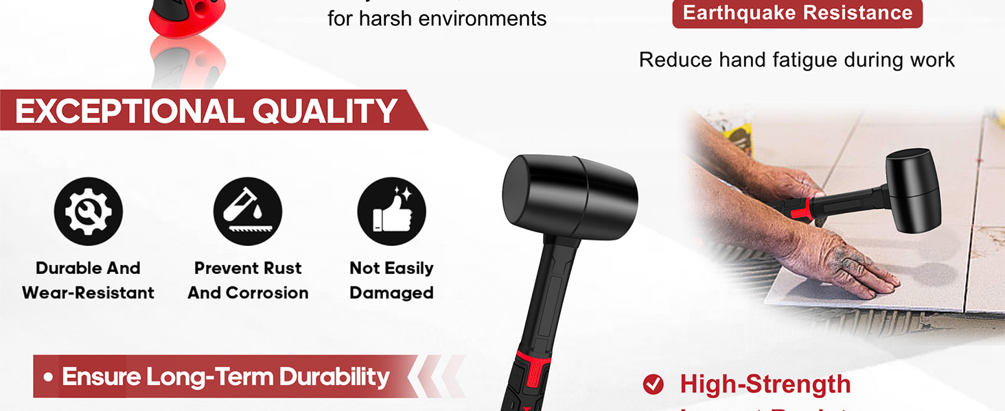 The rubber hammer head is securely connected to the handle through a special joining technique.