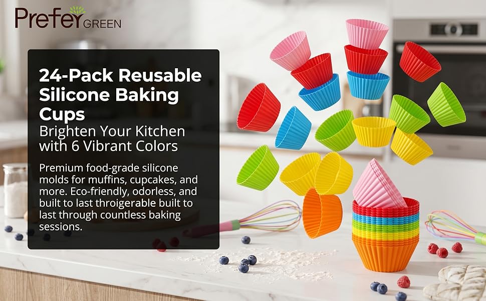 24-PCS reusable multi-color silicone round baking cups, and no stick silicone muffin pan