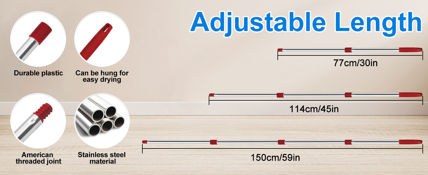 Extra long mop handle with pads for hardwood floor cleaning, dust mops for wet and dry use