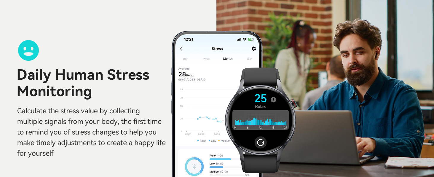 Smartwatch with circular display showing stress monitoring interface. Adjacent smartphone displays app with daily stress data graph and smiley face icon.