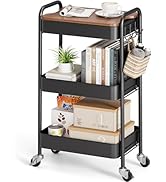 TOOLF 3-Tier Rolling Cart with Table Top, Metal Storage Cart on Wheels, Utility Organizer with Wo...