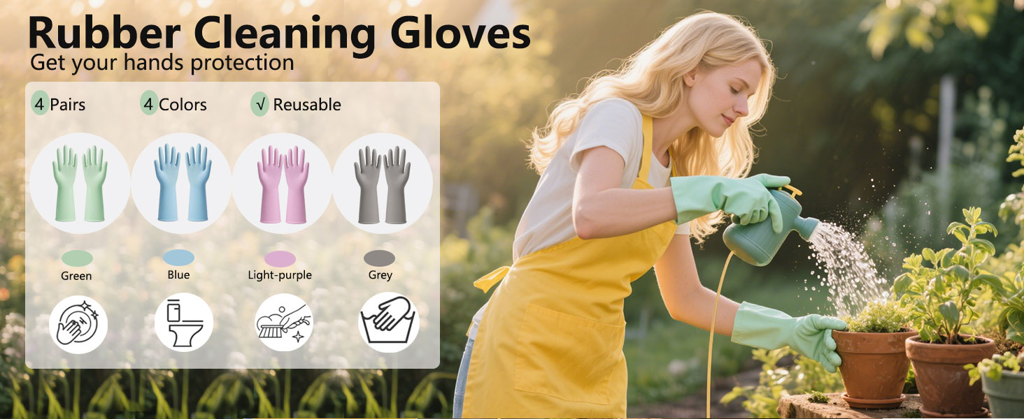 Rubber Cleaning Gloves for Dishwashing, 4 Pairs Reusable Kitchen Gloves for Washing Dishes