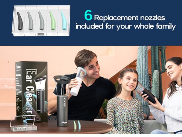 Electric ear cleaner with 6 replacement nozzles. Image shows product in use, with people examining ears.