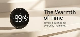 Text reads: 'The Warmth of Time' and 'Timers designed for everyday moments.' Digital timer display showing numbers against warm, sepia-toned background.