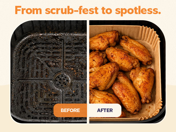 Before and after air fryer basket showing no mess cleanup with Gusto disposable liners