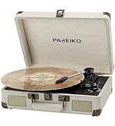 PAREIKO Retro Record Player 3 Speed Belt-Driven Portable Suitcase Turntable with Wireless Bluetoo...