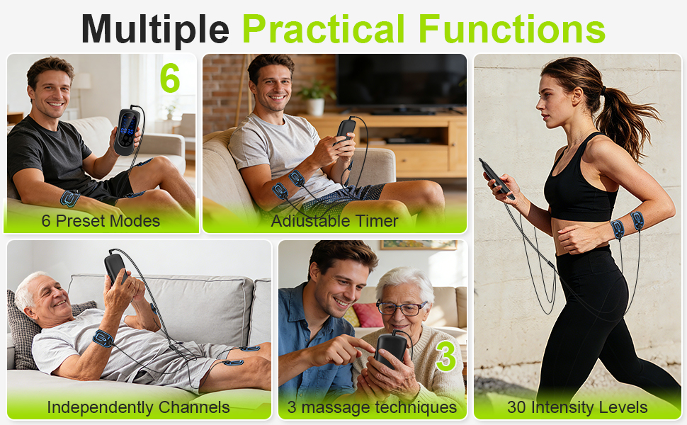 Text reads 'Multiple Practical Functions'. Series of lifestyle images showing various activities and exercises.