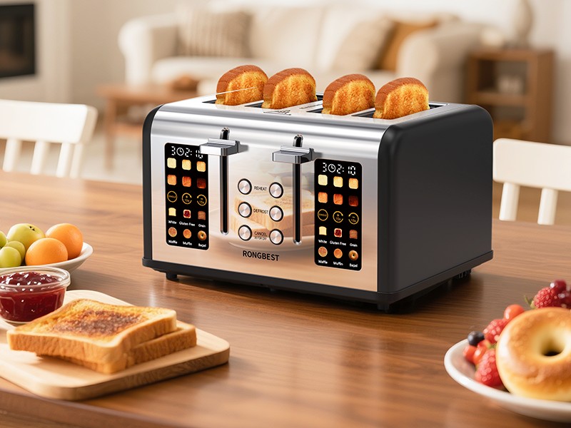 Smart toaster functions: browning control, bread presets, energy-saving touchscreen design.