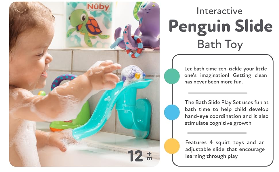 Roll fun squeezable bath squirter characters down a fun slide with Nuby's Penguin slide bath toy 