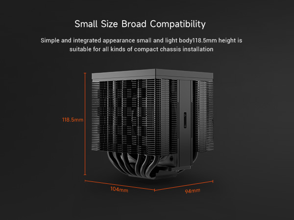 Text reads 'Small Size Broad Compatibility'. Technical diagram showing multiple connected elements with orange highlighting against black background.