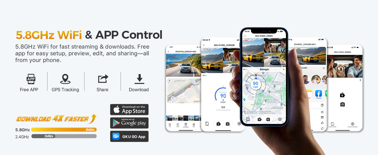 Smartphone app interface showcasing 5GHz WiFi and app control features. Displays multiple screens with map, camera feed, and device management options.