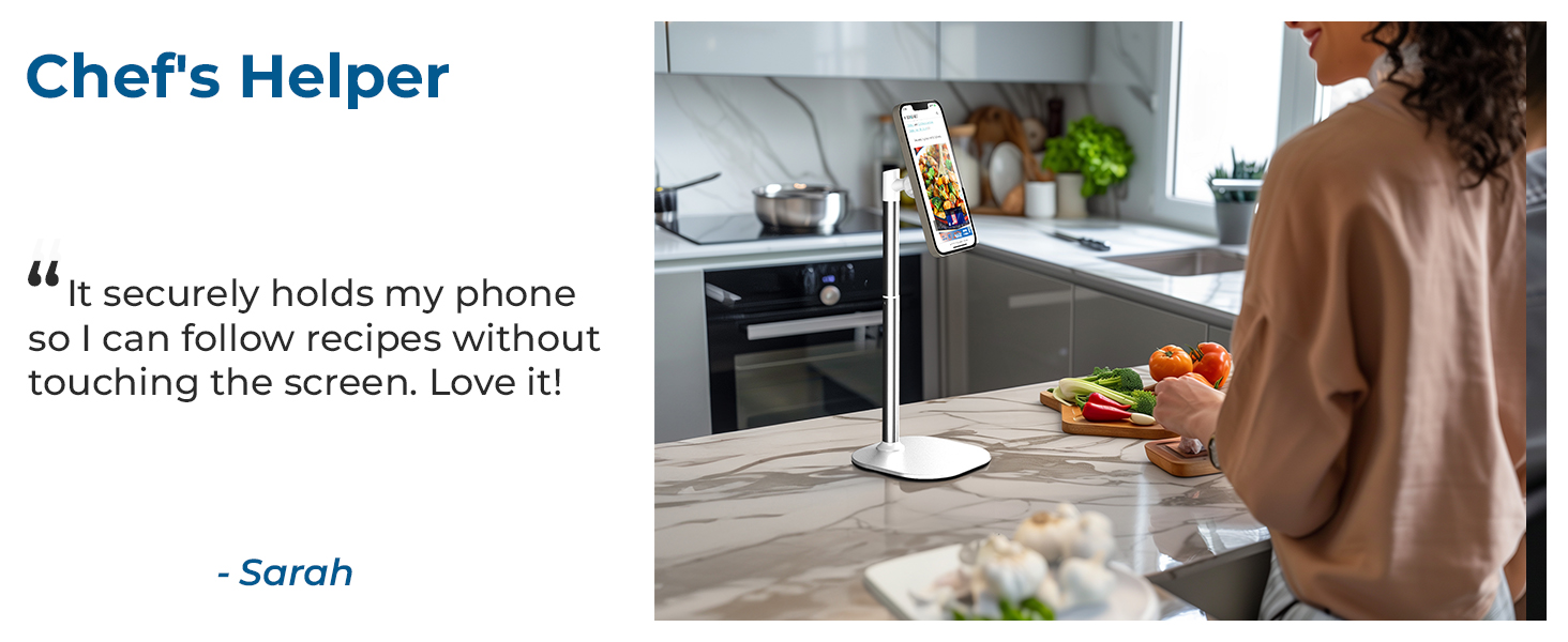 Chef's Helper phone stand shown in kitchen setting, positioned on counter with cooking preparation visible in background.