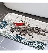 JAWO Funny Cat Dinosaur Bathroom Rugs for Kids - Japanese Ocean Wave Design, Rustic Wooden Cat Sh...