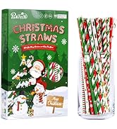 [100 Pack] Christmas Paper Straws, 7.75" x0.24" 10 Assorted Colors Christmas Tree Snowflake Decor...