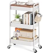 TOOLF 3-Tier Rolling Cart with Table Top, Metal Storage Cart on Wheels, Utility Organizer with Wo...
