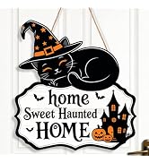 Halloween Decoration Wreath for Front Door Wooden Black Cat Door Decor | Haunted House &amp; Pumpkins...