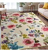 Living Room Rug 5x7 Rug Washable Boho Floral Area Rug Non Slip Vintage Rug Soft Low Pile Accent C...