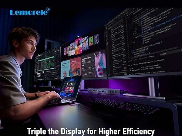 Text reads: 'Lemoele' and 'Triple the Display for Higher Efficiency'. Setup shows multiple computer monitors displaying code and multimedia content in dark environment with purple ambient lighting.
