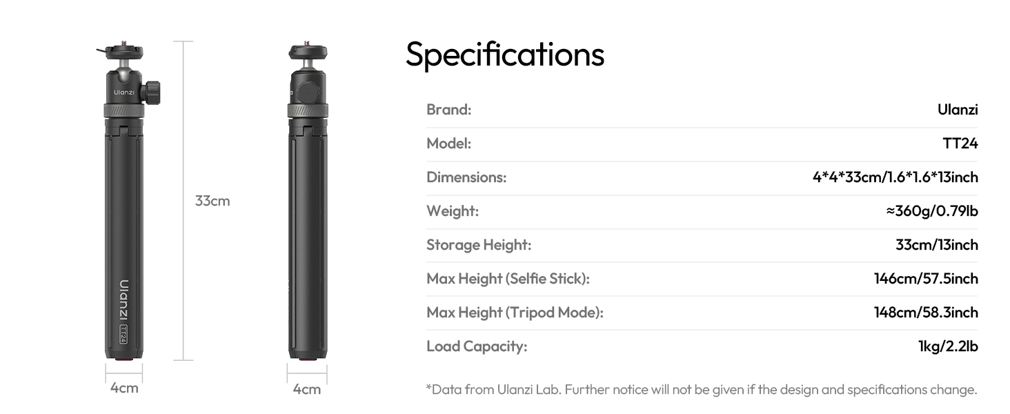 Text reads 'Specifications'. Technical diagram showing measurements and specifications for two black mounting poles or stands