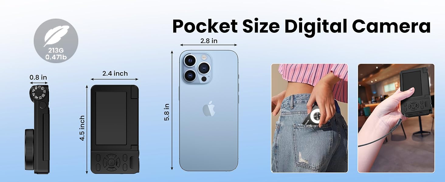 Text reads 'Pocket Size Digital Camera'. Product display showing compact black digital camera with dimensions 2.4 mm x 2.4 mm, silver smartphone, and two lifestyle photos of product in use.