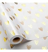 MAYPLUSS Foil Hearts Wrapping Paper Roll - 17 Inch X 33 Feet - Luxury Metallic Golden Heart Desig...