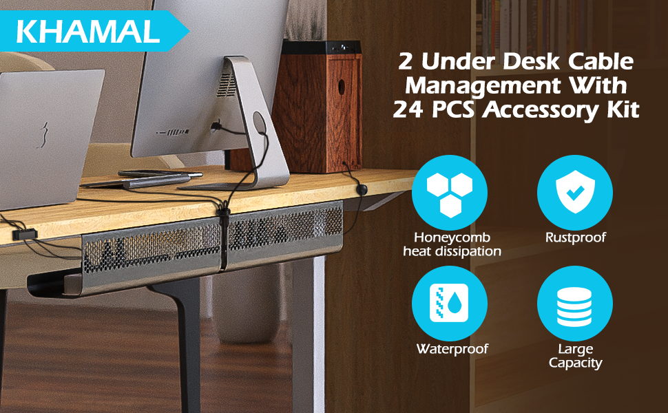 Under-desk cable management system with 24-piece accessory kit. Features honeycomb design for heat dissipation, rustproof and waterproof construction, and large capacity for organizing cables beneath a wooden desk.