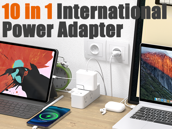 European Travel Plug Adapter, US to UK Europe Power Strip for EU/UK/US