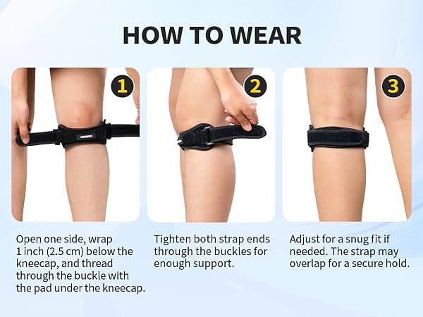 Text reads 'HOW TO WEAR'. Instructional diagram showing step-by-step wearing instructions with numbered steps and directional arrows.