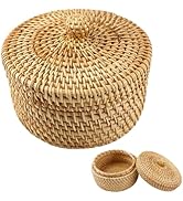 DOERDO Round Rattan Storage Basket with Lid, Hand Woven Rattan Storage Box for Jewelry Fruit Snac...