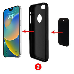 Exploded view of smartphone case components: screen protector, black protective case with camera cutout, and inner lining. Red arrows indicate assembly order.