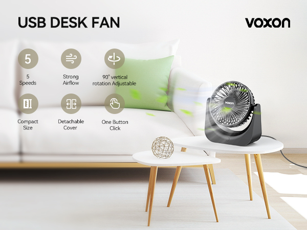 USB desk fan with 5 speeds, strong airflow, and 90-degree rotation adjustment. Features compact size, detachable cover, and one-button click operation. Shown on a wooden table.