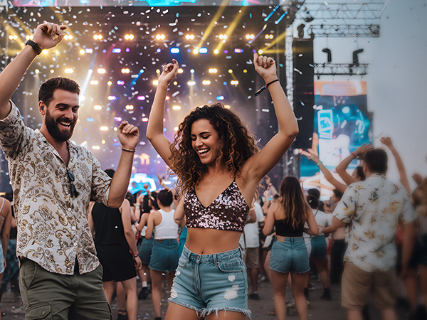 People dancing and celebrating at a festive event with colorful lights and confetti in the background. Energy and joy evident in the motion captured.