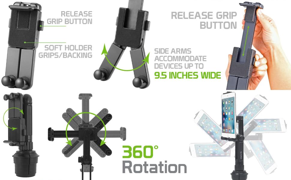 TABLET CUP HOLDER MOUNT 360 ROTATION RELEASE GRIP BUTTON 9.5 INCHES WIDE