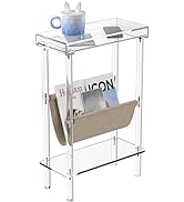 Eglaf Acrylic Narrow Side Table for Small Spaces - Slim End Table with Magazine Holder - Skinny S...