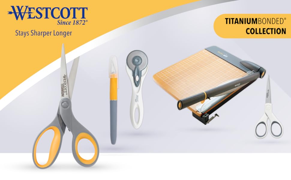 Image of scissors with other westcott products like cutting mat with text reading westcott. 