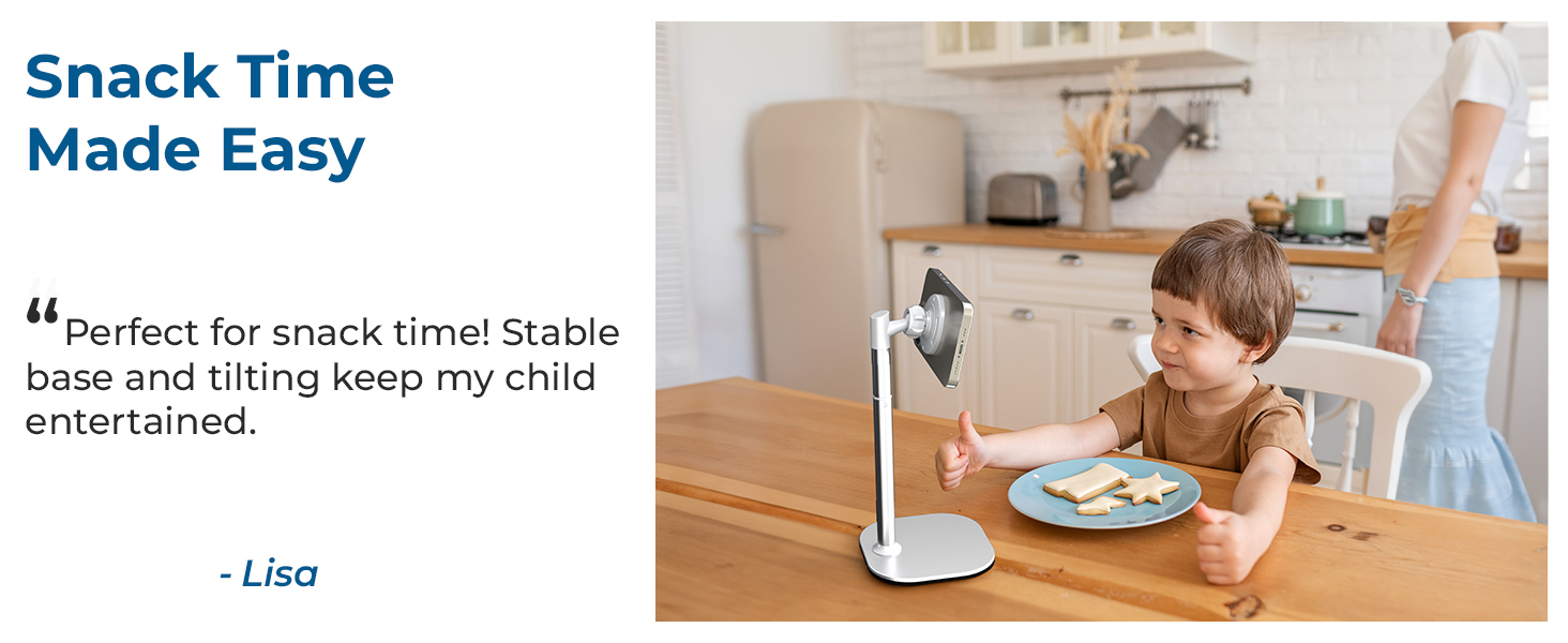 Tablet holder with adjustable arm mounted to table, showing device in use during mealtime with stable base and tilting capability.