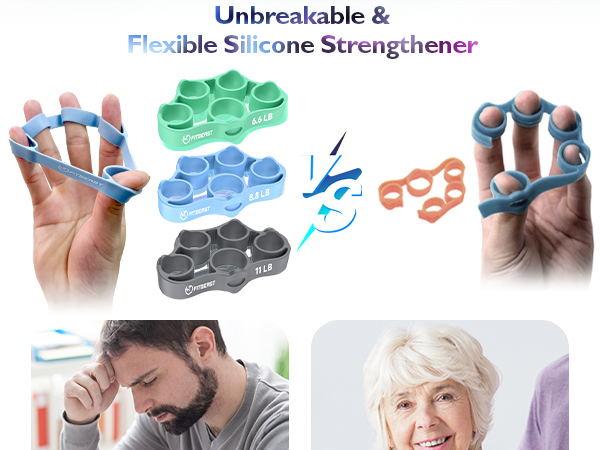 Text reads 'Unbreakable &amp; Flexible Silicone Strengthener'. Multiple images showing blue and green silicone hand exercise devices being stretched and manipulated.
