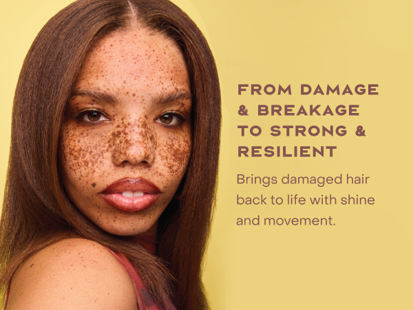 Image of a woman with straight hair, next to text highlighting some benefits of our conditioner.