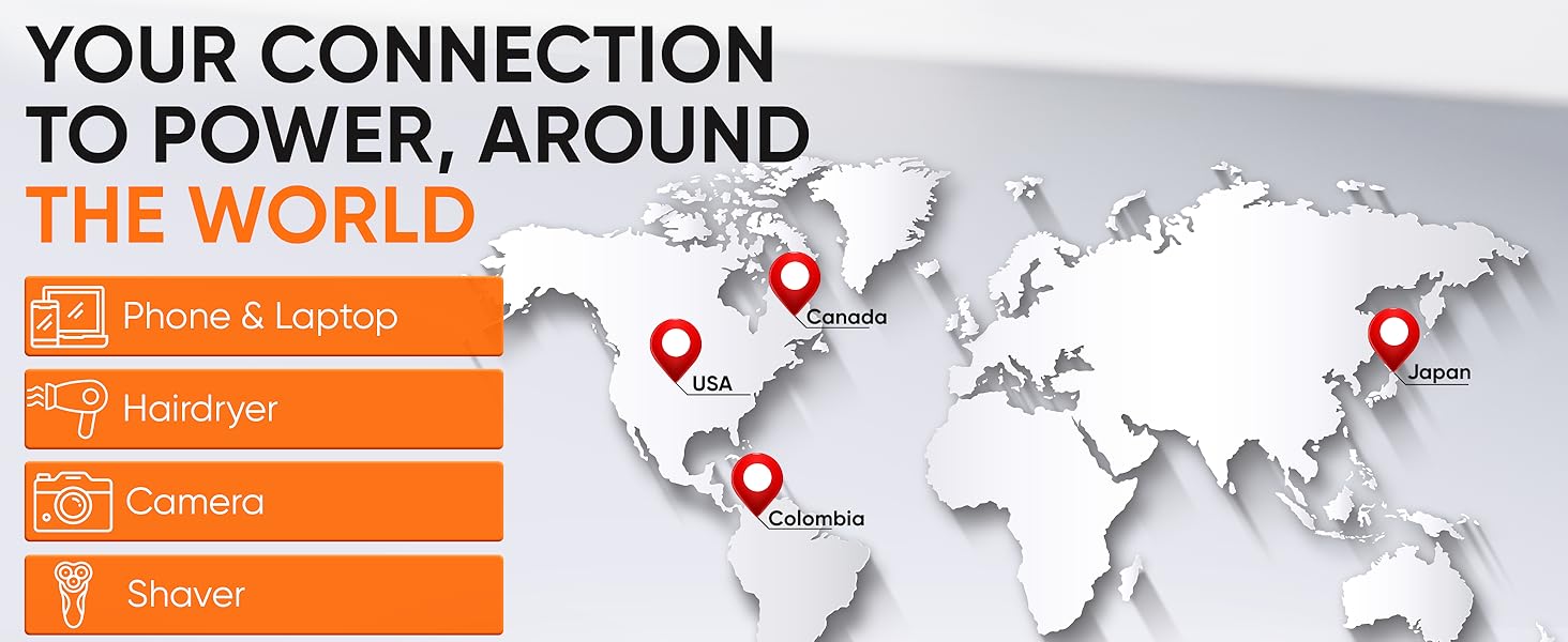 world travel adapter, universal plug adapter, usa canada colombia japan