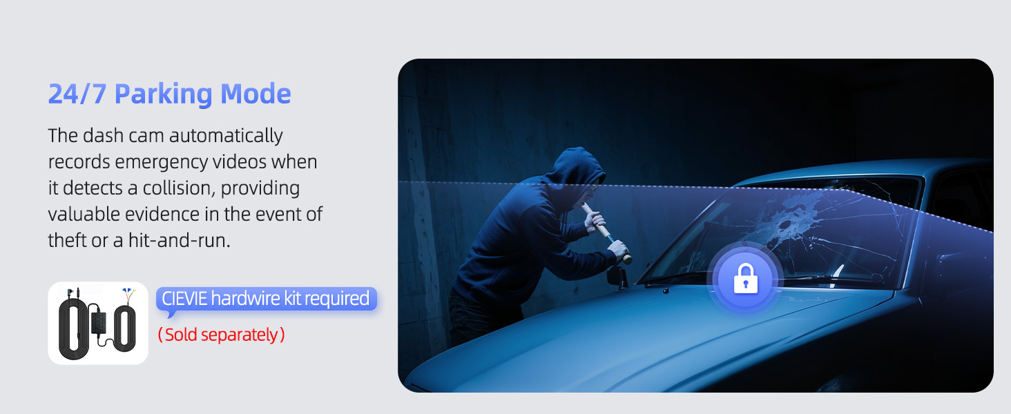 Text reads '24/7 Parking Mode'. Multiple dark night-time surveillance camera views showing vehicle parking areas illuminated by security lighting.