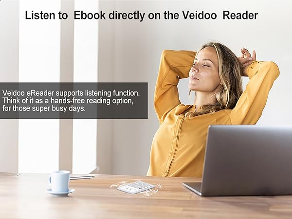Woman in yellow sweater relaxing at desk with laptop. Text overlay: 'Listen to Ebook directly on the Veidoo Reader' with additional product description.