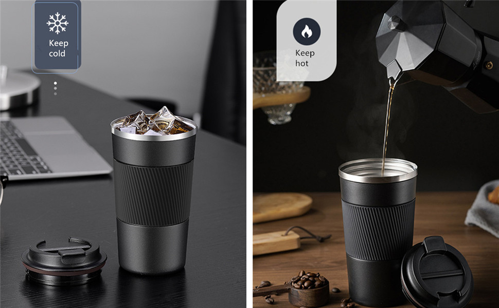 Insulated travel mug with black exterior and silver lid, shown keeping drinks hot and cold. Dual images display beverage pouring and ice.
