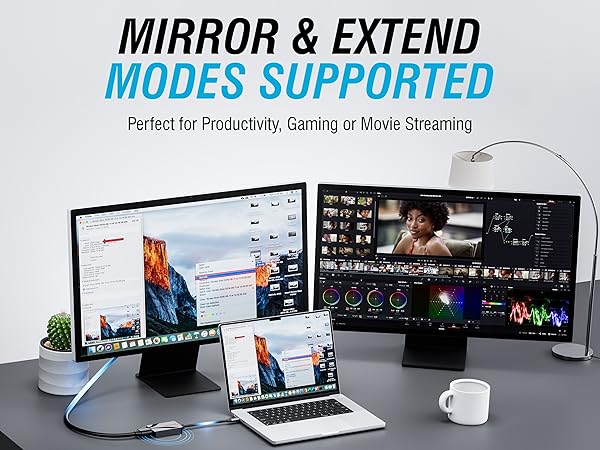 Text reads 'MIRROR &amp; EXTEND MODES SUPPORTED Perfect for Productivity, Gaming or Movie Streaming'. Multiple displays showing screen mirroring and extension capabilities.