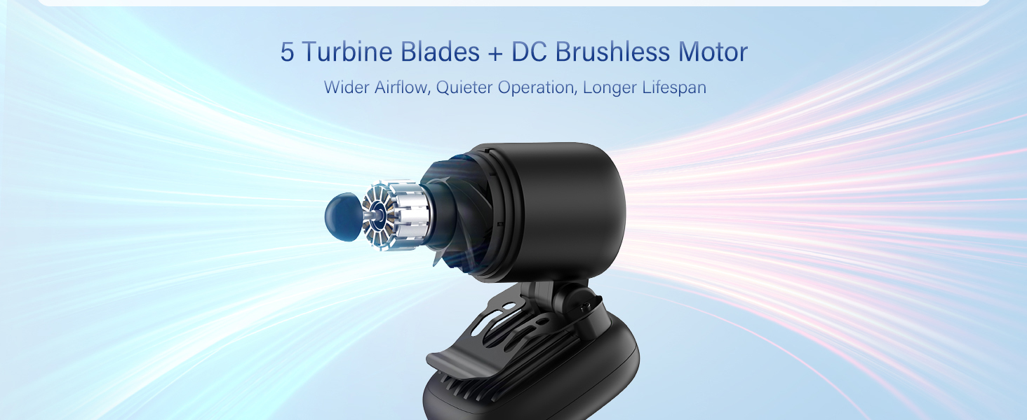 High performance 5 turbine blades and brushless motor for quiet wider stable airflow for cooling