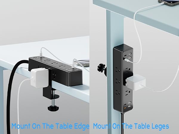 Flat Plug Desk Clamp Power Strip 10FT, 40W Total Fast Charging Station