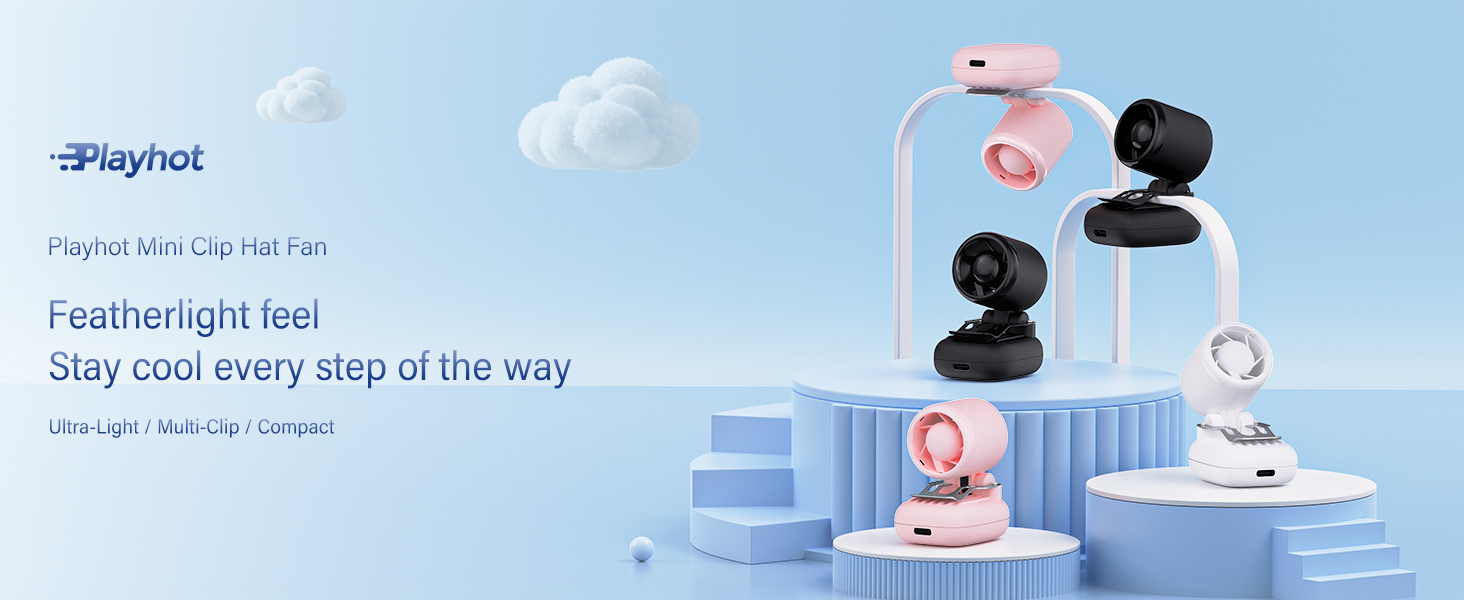 Portable clip-on fan for hats in pink white and black colors for everyday stylish outdoor cooling