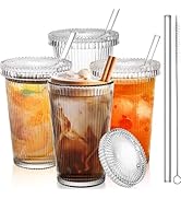 Noamus 4 Pack Glass Cups with Lids and Straws, 12 oz Ribbed Iced Coffee Tumbler, Clear Stripe Dri...