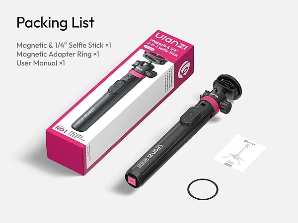 Text reads 'Packing List' with 'Magnetic 5.1" Selfie Stick +1' and 'Magnetic Adapter Ring +1' listed. Pink branded box containing black selfie stick with magnetic adapter ring and small accessories included.