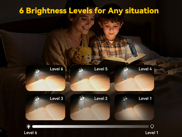 Rechargeable book light with 6 brightness levels for any situation