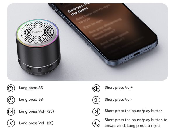 Small cylindrical speaker with metal mesh top next to smartphone. Text lists controls: 'Long press 3S', 'Long press 5S', 'Long press Vol+/2S', 'Long press Vol- (2S)', 'Short press Vol+', 'Short press Vol-', 'Short press play/pause button', 'Short press the play/play button to skip to next song'.